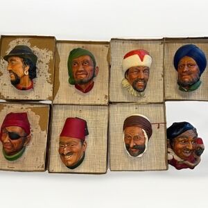 Vintage Character Wall Masks Set of 8 Bossons Style Chalkware Head Sculptures
